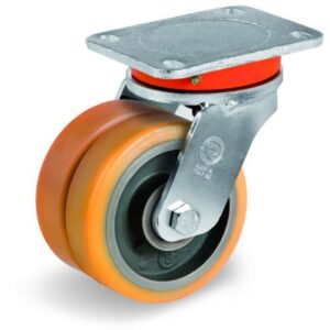 Cast Polyurethane Tyre Bonded to Cast Iron Centre, Electro Welded Twin Wheel Swivel Top Plate Castor, EEG MHD Duty