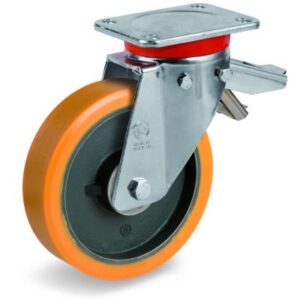 Cast Polyurethane Tyre Bonded to Cast Iron Centre, Swivel Top Plate Castor with Brake, EP Duty