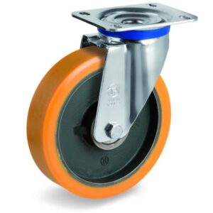 Cast Polyurethane Tyre Bonded to Cast Iron Centre, Swivel Top Plate Castor, M Duty