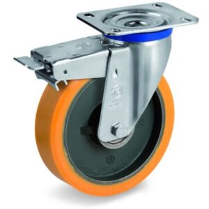 Cast Polyurethane Tyre Bonded to Cast Iron Centre, Swivel Top Plate Castor with Brake, M Duty