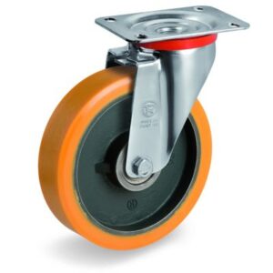 Cast Polyurethane Tyre Bonded to Cast Iron Centre, Swivel Top Plate Castor, NL Duty