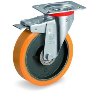 Cast Polyurethane Tyre Bonded to Cast Iron Centre, Swivel Top Plate Castor with Brake, NL Duty