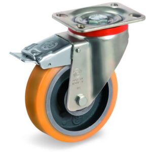 Cast Polyurethane Tyre Bonded to Cast Iron Centre, Swivel Top Plate Castor with Brake, P Duty