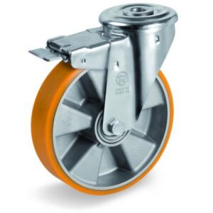 Cast Polyurethane Tyre Bonded to Cast Aluminium Centre, Bolt Hole Castor with Brake, NL Duty