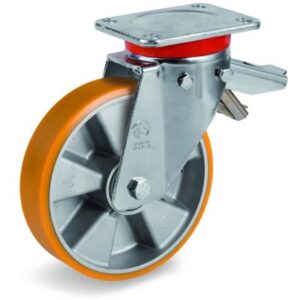 Cast Polyurethane Tyre Bonded to Cast Aluminium Centre, Swivel Top Plate Castor with Brake, EP Duty