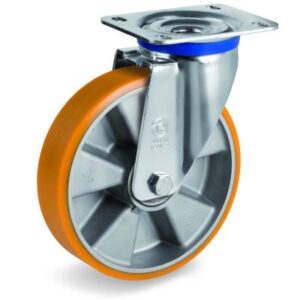 Cast Polyurethane Tyre Bonded to Cast Aluminium Centre, Swivel Top Plate Castor, M Duty