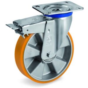 Cast Polyurethane Tyre Bonded to Cast Aluminium Centre, Swivel Top Plate Castor with Brake, M Duty