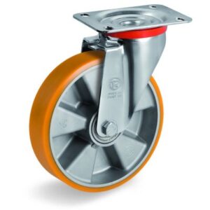 Cast Polyurethane Tyre Bonded to Cast Aluminium Centre, Swivel Top Plate Castor, NL Duty