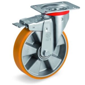 Cast Polyurethane Tyre Bonded to Cast Aluminium Centre, Swivel Top Plate Castor with Brake, NL Duty