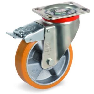 Cast Polyurethane Tyre Bonded to Cast Aluminium Centre, Swivel Top Plate Castor with Brake, P Duty