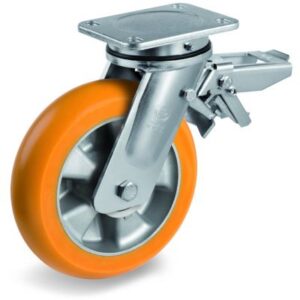 TR Roll Polyurethane Tyre, Ergonomic Round Profile Tyre and Aluminium Centre, Swivel Top Plate Castor with Brake, EE MHD Duty