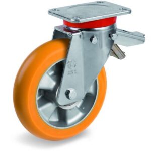 TR Roll Polyurethane Tyre, Ergonomic Round Profile Tyre and Aluminium Centre, Swivel Top Plate Castor with Brake, EP Duty