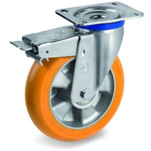 TR Roll Polyurethane Tyre, Ergonomic Round Profile Tyre and Aluminium Centre, Swivel Top Plate Castor with Brake, M Duty