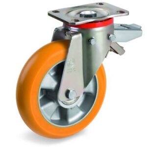 TR Roll Polyurethane Tyre, Ergonomic Round Profile Tyre and Aluminium Centre, Swivel Top Plate Castor with Brake, P Duty
