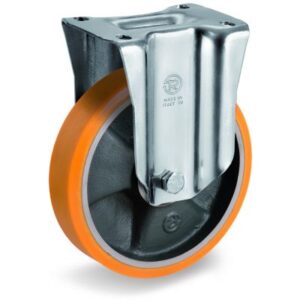 Cast Polyurethane Tyre Bonded to Cast Iron Centre, Fixed Top Plate Castor, M Duty