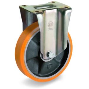 Cast Polyurethane Tyre Bonded to Cast Iron Centre, Fixed Top Plate Castor, PT Duty