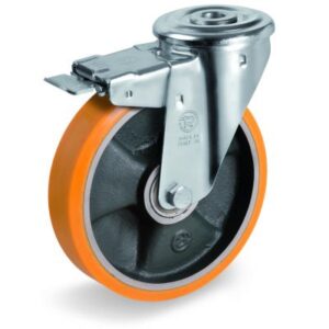 Cast Polyurethane Tyre Bonded to Cast Iron Centre, Bolt Hole Castor with Brake, NL Duty