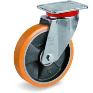 Cast Polyurethane Tyre Bonded to Cast Iron Centre, Swivel Top Plate Castor, EP Duty