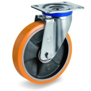 Cast Polyurethane Tyre Bonded to Cast Iron Centre, Swivel Top Plate Castor, M Duty