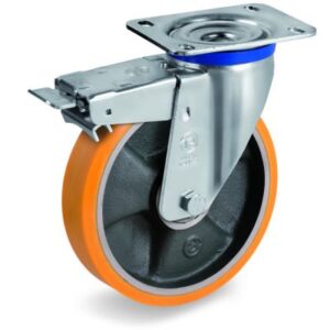 Cast Polyurethane Tyre Bonded to Cast Iron Centre, Swivel Top Plate Castor with Brake, M Duty