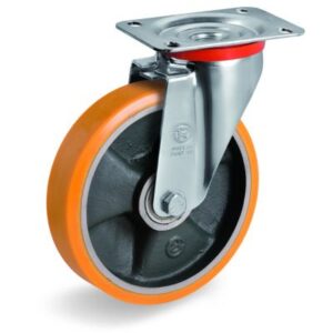 Cast Polyurethane Tyre Bonded to Cast Iron Centre, Swivel Top Plate Castor, NL Duty