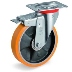 Cast Polyurethane Tyre Bonded to Cast Iron Centre, Swivel Top Plate Castor with Brake, NL Duty