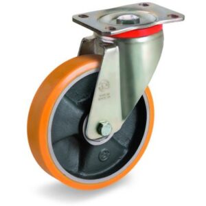 Cast Polyurethane Tyre Bonded to Cast Iron Centre, Swivel Top Plate Castor, P Duty