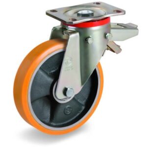 Cast Polyurethane Tyre Bonded to Cast Iron Centre, Swivel Top Plate Castor with Brake, P Duty