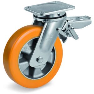 Special Thickness Polyurethane Tyre with Aluminium Centre, Electro Welded Swivel Top Plate Castor with Brake, EE MHD Duty