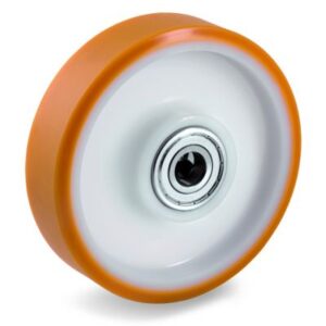 Cast Polyurethane Tyre Bonded to Nylon Centre, Wheel, Ball Bearing