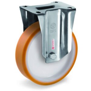 CAST POLYURETHANE TYRE BONDED TO NYLON CENTRE, STAINLESS STEEL FIXED TOP PLATE CASTOR, PX DUTY