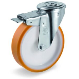 Cast Polyurethane Tyre Bonded to Nylon Centre, Bolt Hole Castor with Brake, NL Duty