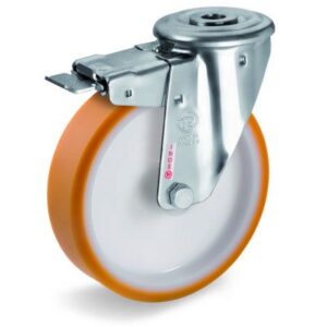 Cast Polyurethane Tyre Bonded to Nylon Centre, Stainless Steel Bolt Hole Castor with Brake, NLX duty