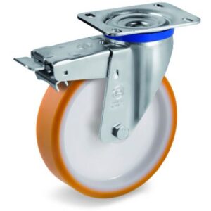 Cast Polyurethane Tyre Bonded to Nylon Centre, Swivel Top Plate Castor with Brake, M Duty