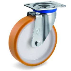 Cast Polyurethane Tyre Bonded to Nylon Centre, Swivel Top Plate Castor, M Duty