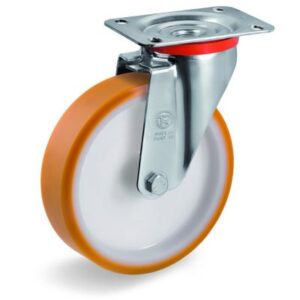 Cast Polyurethane Tyre Bonded to Nylon Centre, Swivel Top Plate Castor, NL Duty