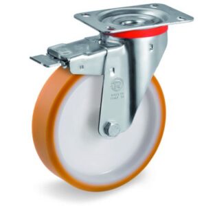 Cast Polyurethane Tyre Bonded to Nylon Centre, Swivel Top Plate Castor with Brake, NL Duty