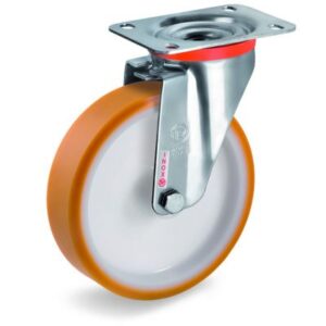 Cast Polyurethane Tyre Bonded to Nylon Centre, Stainless Steel Swivel Top Plate Castor, NLX duty