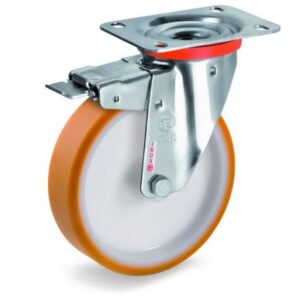 Cast Polyurethane Tyre Bonded to Nylon Centre, Stainless Steel Swivel Top Plate Castor with Brake, NLX duty