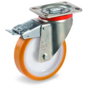 Cast Polyurethane Tyre Bonded to Nylon Centre, Swivel Top Plate Castor with Brake, P Duty