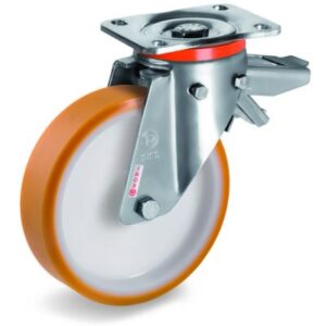 CAST POLYURETHANE TYRE BONDED TO NYLON CENTRE, STAINLESS STEEL SWIVEL TOP PLATE CASTOR WITH LEADING/REAR BRAKE, PX DUTY
