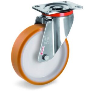 CAST POLYURETHANE TYRE BONDED TO NYLON CENTRE, STAINLESS STEEL SWIVEL TOP PLATE CASTOR, PX DUTY