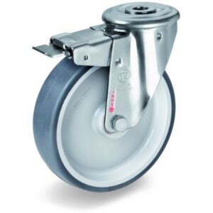 TPR Tyre with Polypropylene Centre, Stainless Steel Bolt Hole Castor with Brake, NLX Duty