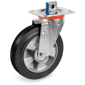 Elastic Rubber Tyre Bonded to Aluminium Centre, Swivel Top Plate Central Locking Castor