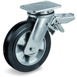 Elastic Rubber Tyre Bonded to Aluminium Centre, Electro Welded Swivel Top Plate Castor with Brake, EE MHD Duty