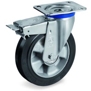 Elastic Rubber Tyre Bonded to Aluminium Centre, Swivel Top Plate Castor with Brake, M Duty