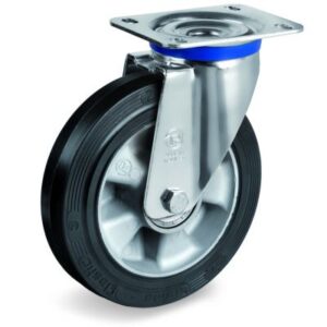 Elastic Rubber Tyre Bonded to Aluminium Centre, Swivel Top Plate Castor, M Duty