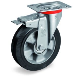 Elastic Rubber Tyre Bonded to Aluminium Centre, Swivel Top Plate Castor with Brake, NL Duty