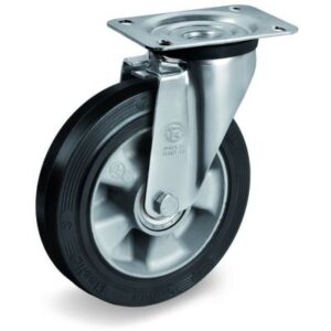 Elastic Rubber Tyre Bonded to Aluminium Centre, Swivel Top Plate Castor, NL Duty