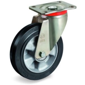Elastic Rubber Tyre Bonded to Aluminium Centre, Swivel Top Plate Castor, P Duty